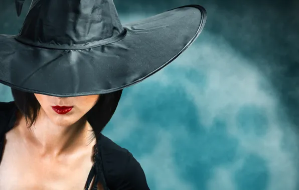 Картинка Halloween, hat, woman, lips, cosplay witch