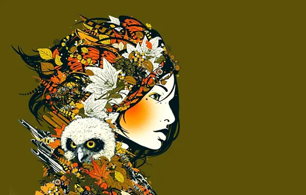 Картинка девушка, цветы, лицо, фантазия, птица
