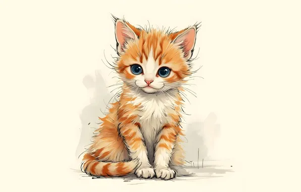 Кошка, взгляд, поза, котенок, рыжий, мордашка, сидит, светлый фон