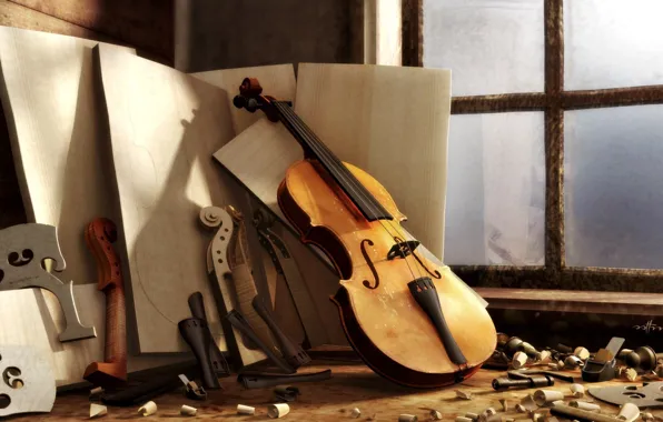 Картинка скрипка, Мастерская, окно, древесина, опилки