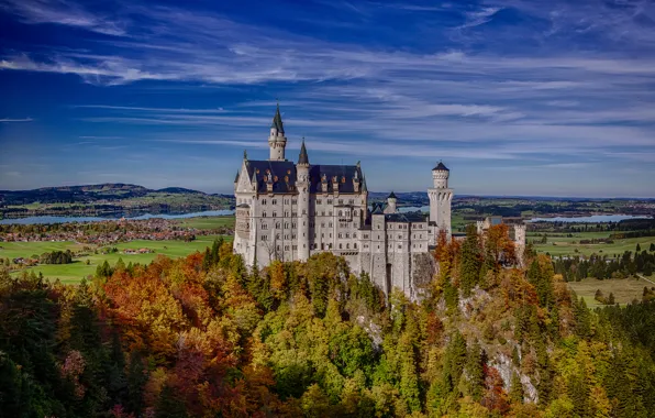 Картинка осень, лес, скала, Германия, Бавария, Germany, Bavaria, Neuschwanstein Castle, Замок Нойшванштайн