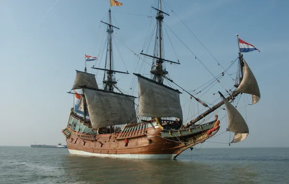 Old, wooden, sailing ship, Dutch East India Company ship, 17th century, Replica of the BATAVIA
