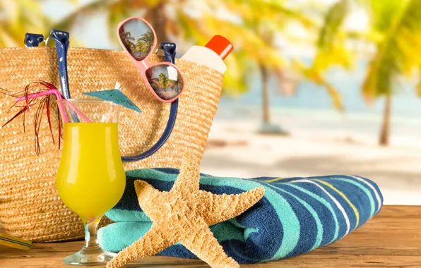 Картинка песок, море, пляж, лето, очки, коктейль, summer, beach