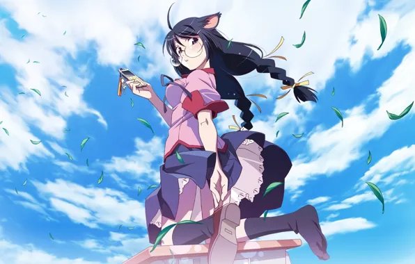 Sky, neko, anime, cat, brunette, leaf, manga, skirt