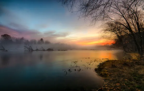 Картинка закат, туман, река