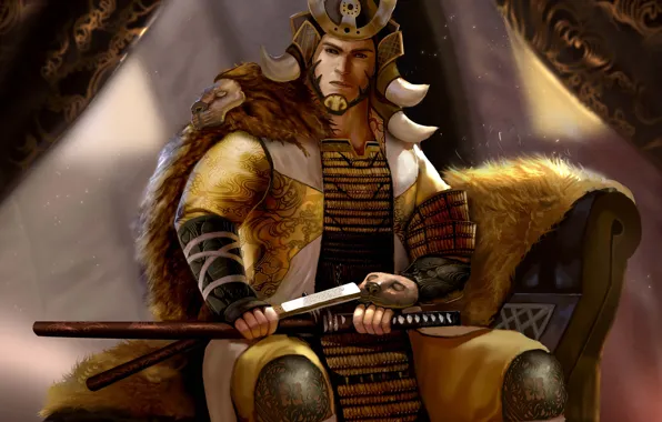 Картинка взгляд, лицо, меч, самурай, мужчина, сидит, Akodo Kumai