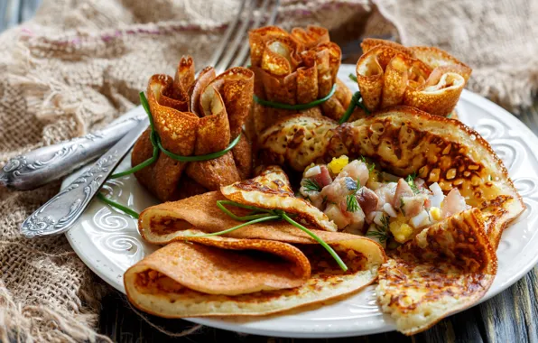 Еда, мясо, блины, мешковина, бекон, вилки, начинка, блинчики