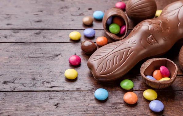 Шоколад, яйца, colorful, кролик, конфеты, Пасха, wood, chocolate
