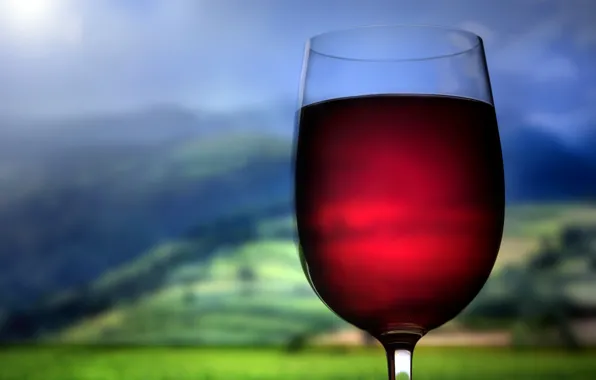 Вино, красное, холмы, бокал, напиток