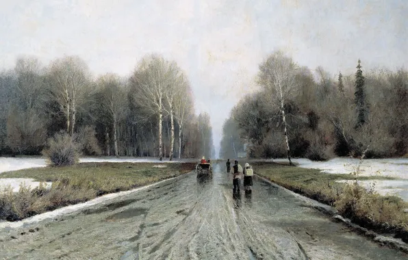 Дорога, пейзаж, люди, картина, Иван Ендогуров, Ранняя Весна