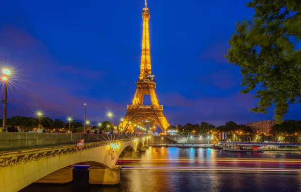 Мост, река, Франция, Париж, фонари, Эйфелева башня, Paris, ночной город