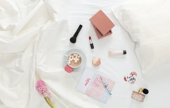 Кофе, утро, макияж, ручка, блокнот, косметика, Marshmallow, Ladies