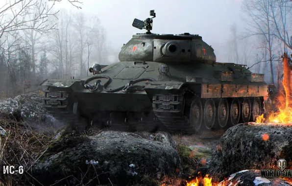 Лес, туман, огонь, искры, танк, тяжелый, советский, World of Tanks