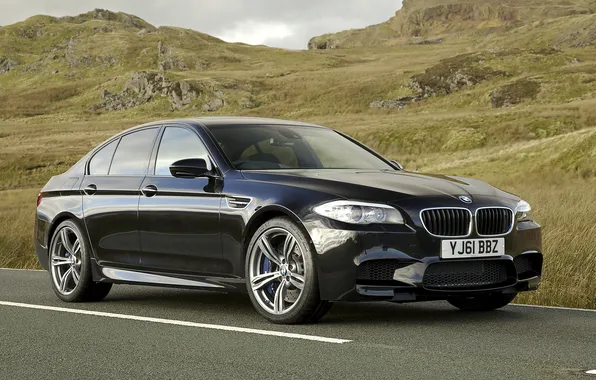 Дорога, чёрный, холмы, bmw, бмв, седан, передок