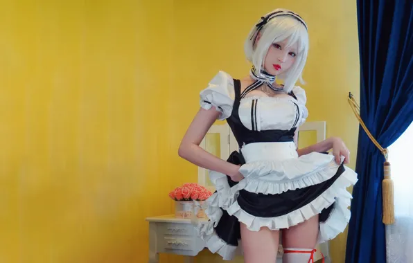 Girl, sexy, cleavage, thighhighs, dress, boobs, beautiful, red eyes