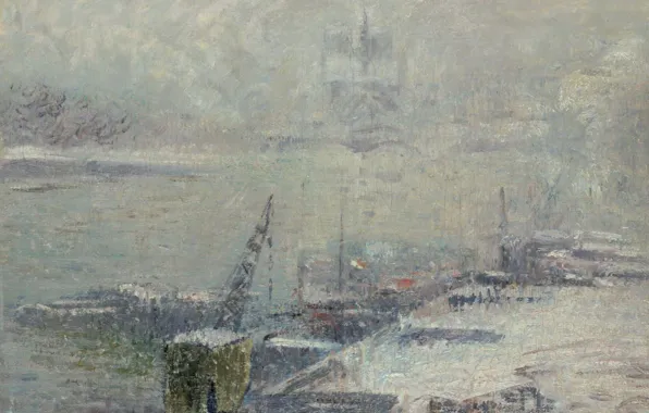 Картина, дымка, Собор Парижской Богоматери, городской пейзаж, Гюстав Луазо, Gustave Loiseau, Вид с Набережной Генриха …