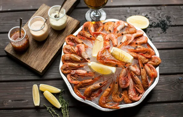 Лимон, соус, креветки, морепродукты