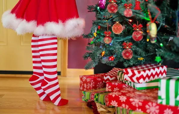 Украшения, ноги, чулки, Рождество, девочка, подарки, Новый год, ёлка