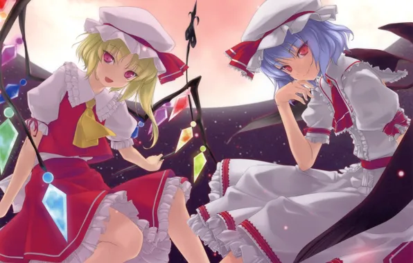 Полнолуние, красные глаза, чепчик, touhou, art, оборки, Touhou Project, Remilia Scarlet