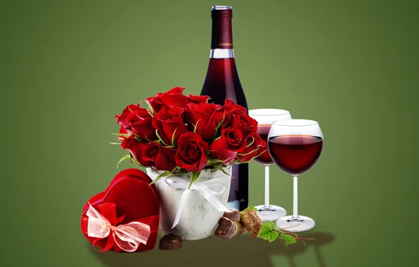 Подарок, вино, розы, бокалы, glass, wine, flowers, romantic