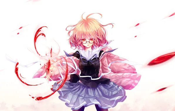 Картинка девушка, кровь, аниме, арт, очки, mokoppe, kyoukai no kanata, kuriyama mirai