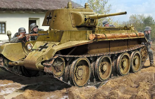 Рисунок, арт, лёгкий танк, Быстроходный танк, БТ-7М, советский колёсно-гусеничный танк