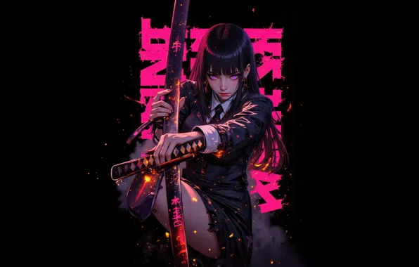 Dark, girl, sword, katana, samurai