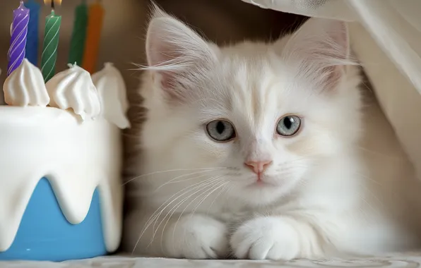 Кошка, белый, взгляд, поза, котенок, портрет, торт, мордашка