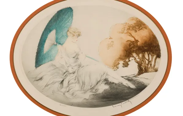 Картинка Женщина, Louis Icart, лежащая с зонтиком
