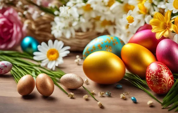 Цветы, яйца, весна, colorful, Пасха, happy, flowers, spring