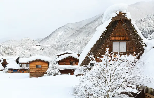 Картинка зима, снег, деревья, пейзаж, зимний, домик, house, landscape