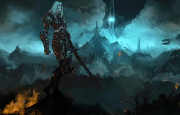 Девушка, горы, огонь, башня, меч, арт, World of Warcraft, wow