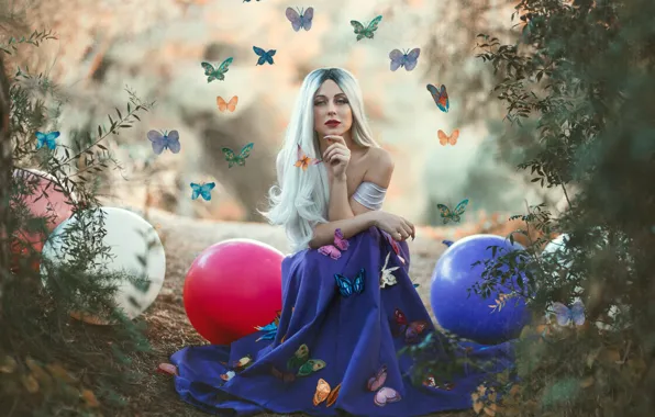 Картинка девушка, бабочки, шары