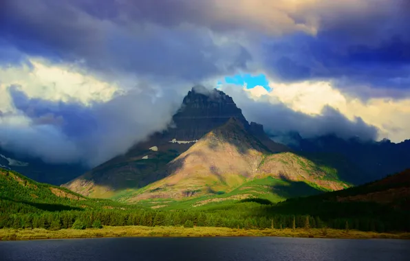Картинка лес, небо, облака, тучи, озеро, гора, США, штат Монтана