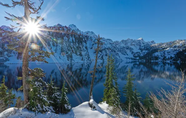 Картинка зима, снег, деревья, горы, озеро, отражение, Каскадные горы, Washington State