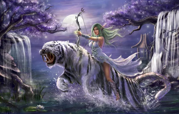 Картинка девушка, деревья, ночь, тигр, прыжок, лук, водопады, эльфийка