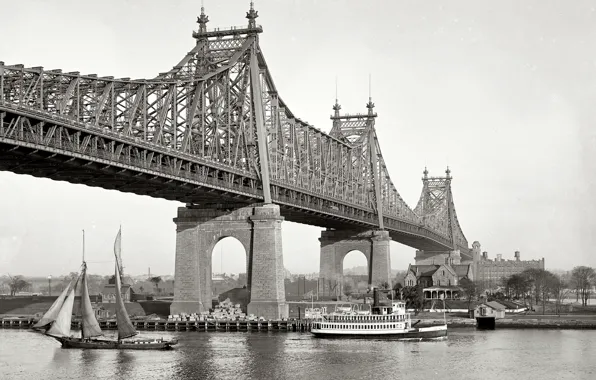 Мост, ретро, река, корабль, Нью-Йорк, парус, США, 1909-й год