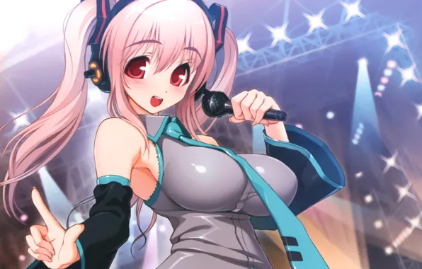 Взгляд, девушка, радость, сцена, микрофон, vocaloid, жест, вокалоид