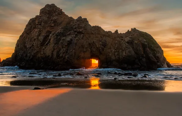 Картинка солнце, закат, берег, Калифорния, США, Биг Сюр, пляж Пфайффер