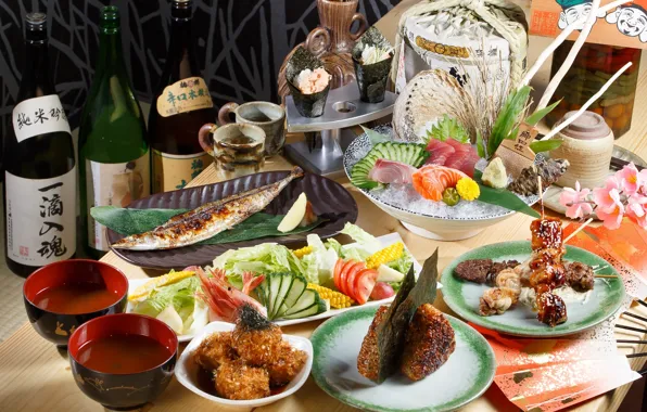 Овощи, морепродукты, блюда, ассорти