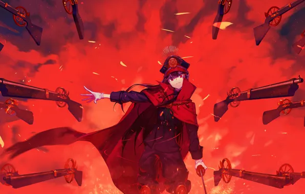 Оружие, ружья, красный фон, Арчер, Fate / Grand Order, Судьба великая кампания, Majin Archer