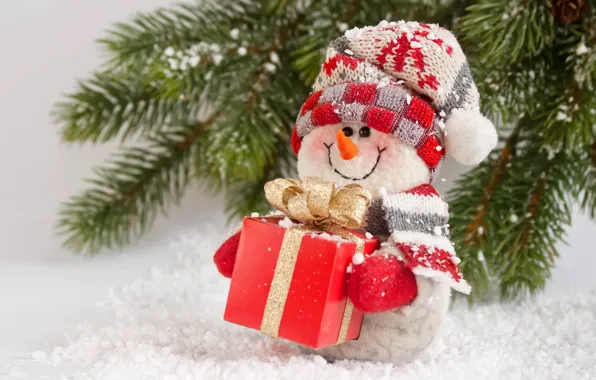 Картинка Новый Год, Рождество, снеговик, Christmas, winter, snow, gift, snowman