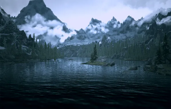 Горы, озеро, skyrim