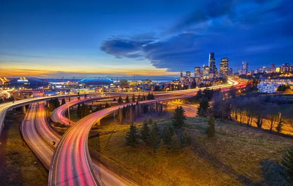 Небо, дороги, HDR, небоскребы, вечер, Вашингтон, США, Washington