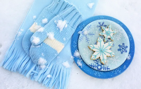 Картинка зима, снег, снежинки, шарф, тарелки, plate, blue, winter