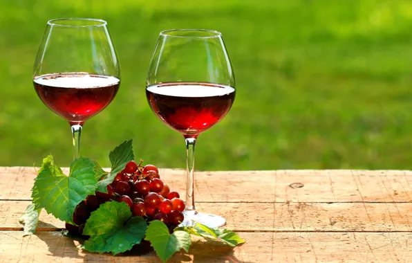 Картинка листья, вино, красное, бокалы, виноград, wine