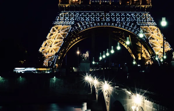 Ночь, мост, город, огни, река, Франция, Париж, подсветка