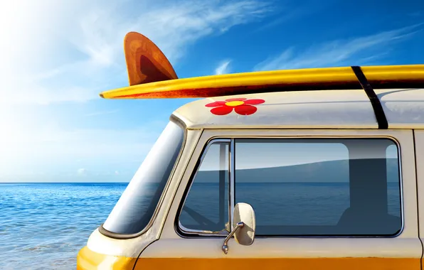 Картинка море, авто, лето, небо, вода, машины, настроение, океан