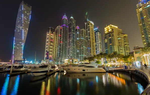 Картинка здания, залив, Дубай, ночной город, Dubai, набережная, небоскрёбы, ОАЭ, UAE, пристани, Дубай Марина, Dubai Marina