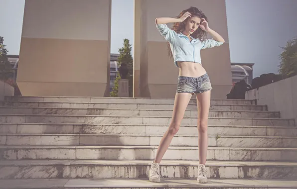 Девушка, Взгляд, Шорты, Girl, Волосы, View, Jeans, Hair